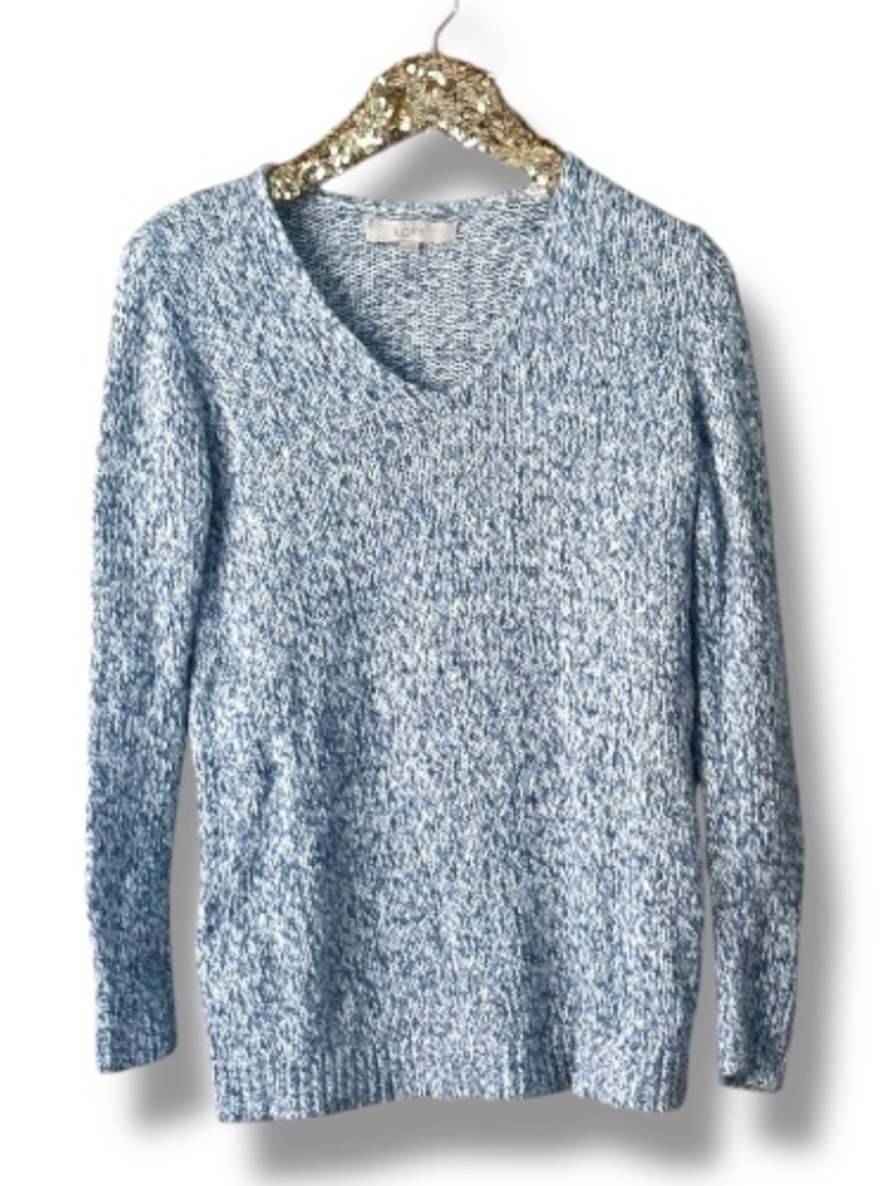 Loft V-Neck Sweater Blue & White Marled Long Sleeve Size Medium
